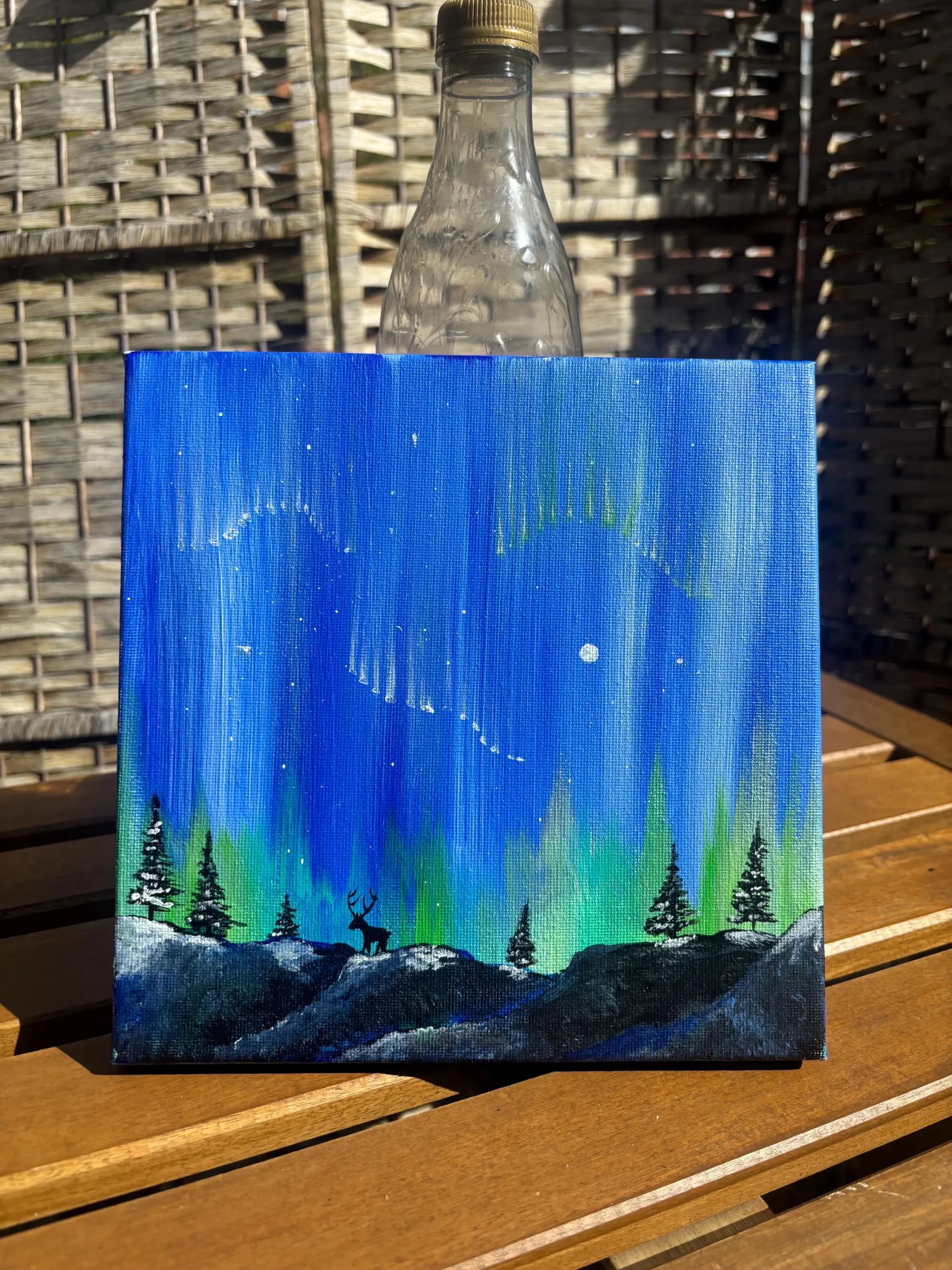 Original Northern Lights Painting & stag | Acrylic Aurora Borealis Art | 20x20 cm - Image 2