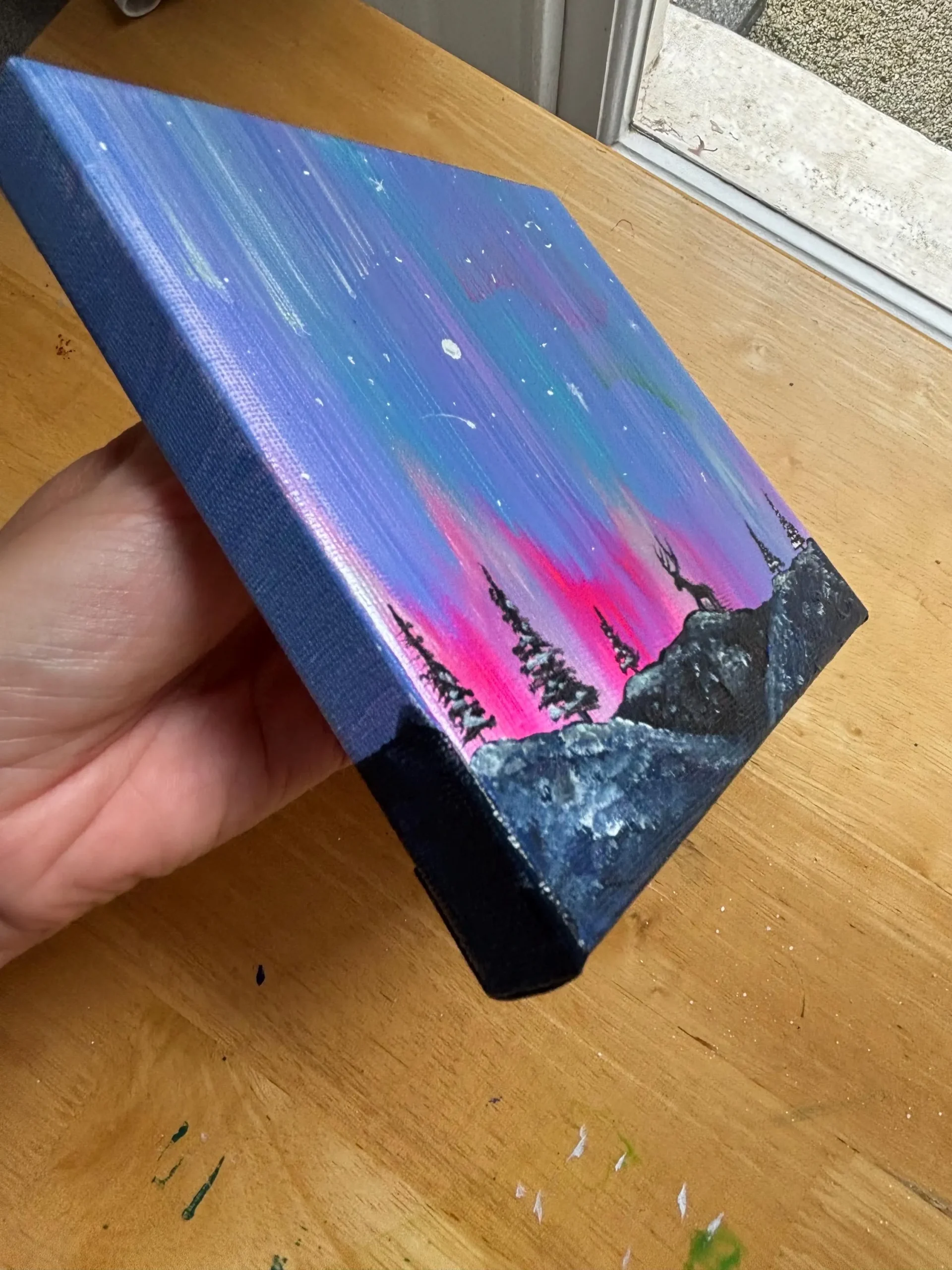 Original Northern Lights Mini Painting, Pastel Aurora Borealis Acrylic Art, 15x15 cm, - Image 2