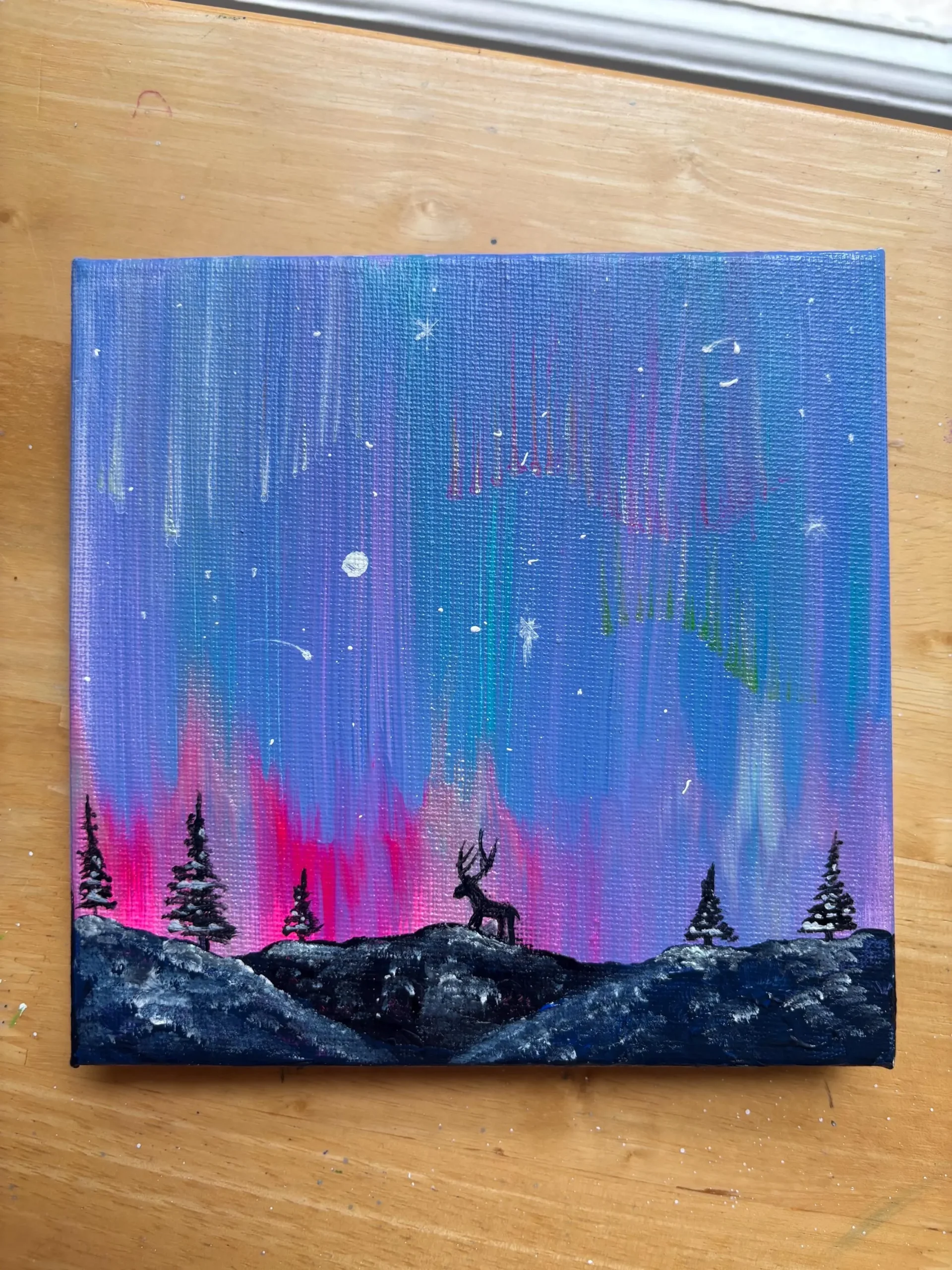 Original Northern Lights Mini Painting, Pastel Aurora Borealis Acrylic Art, 15x15 cm, - Image 3