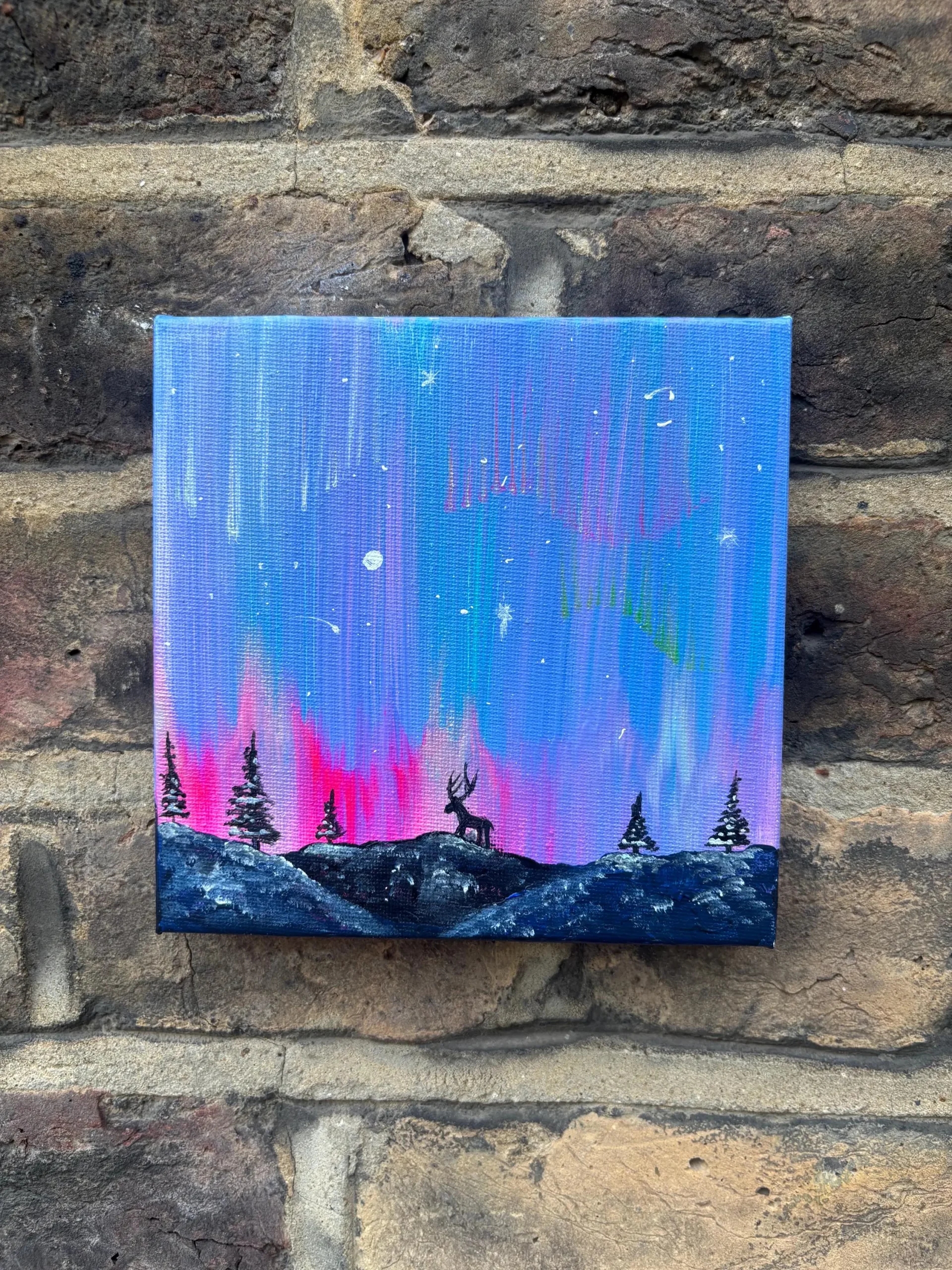 Original Northern Lights Mini Painting, Pastel Aurora Borealis Acrylic Art, 15x15 cm,