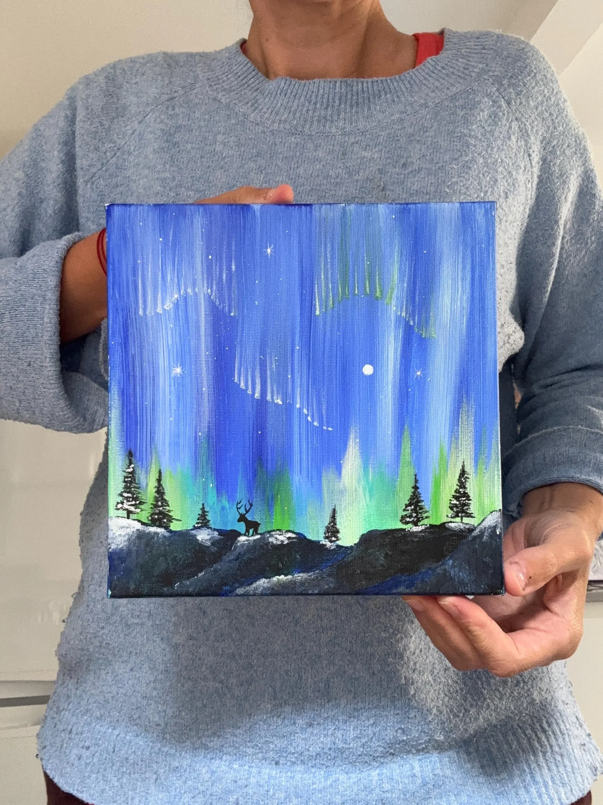 Original Northern Lights Painting & stag | Acrylic Aurora Borealis Art | 20x20 cm
