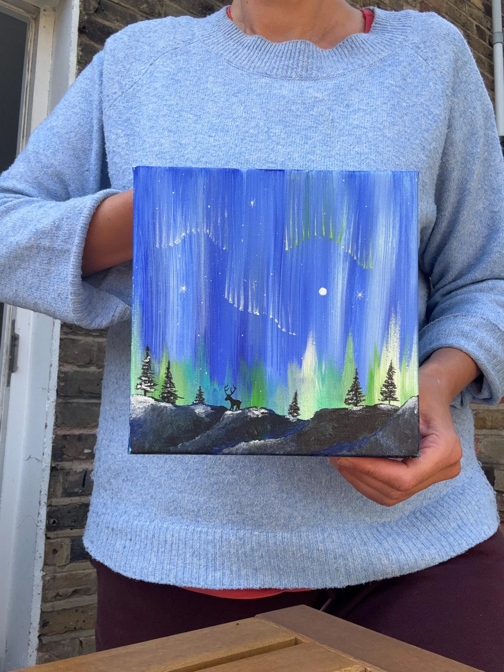 Original Northern Lights Painting & stag | Acrylic Aurora Borealis Art | 20x20 cm - Image 3